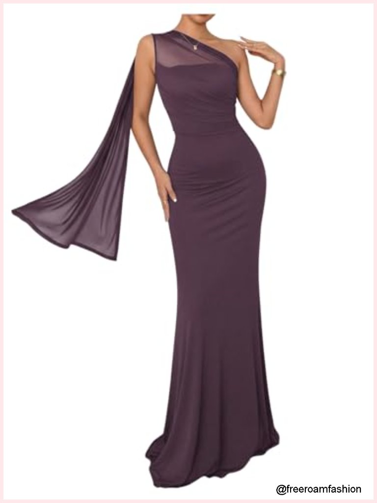 One Shoulder Bodycon Mesh Dress Ruched Fishtail Maxi Formal Wedding Guest